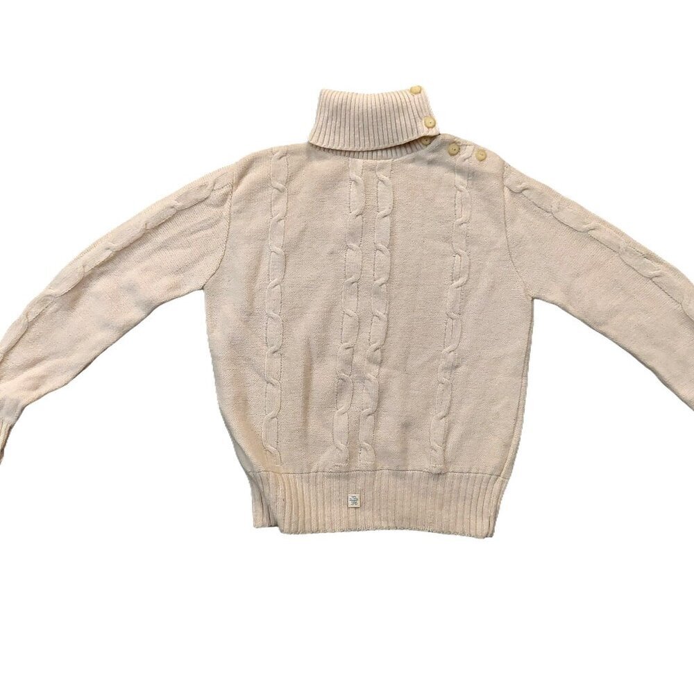 Vintage 1940s-1950s Oatmeal Beige Long Sleeve Wool Cable Knit Turtleneck Sweater